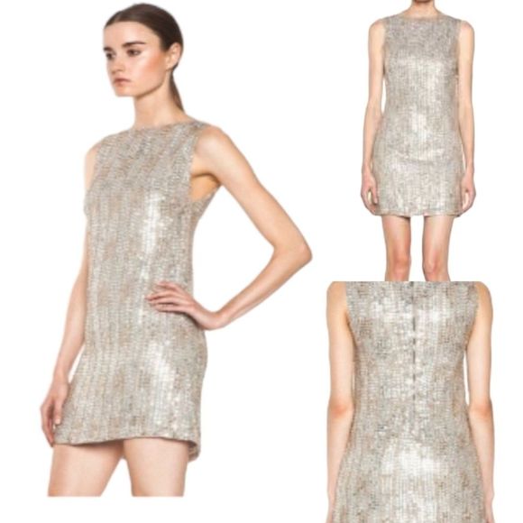 Sz 6 Alice+Olivia Glam A Line Dress Size 6 Champage Silver Sparkle A Line Dress - Picture 5 of 16